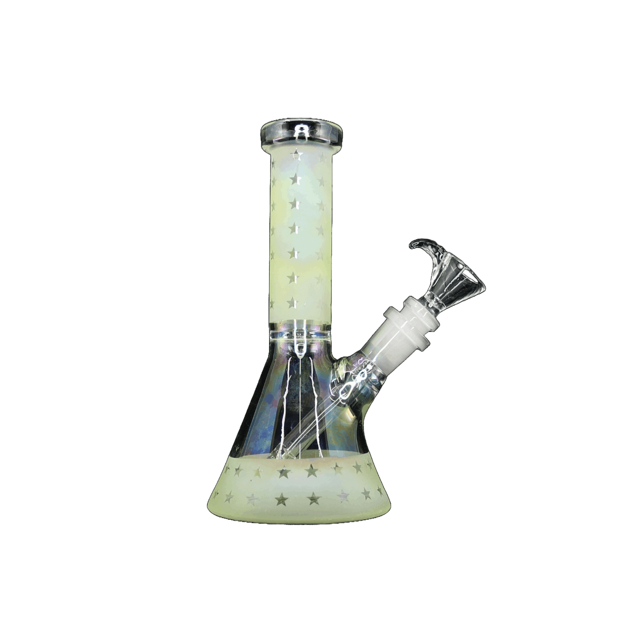 8 inch glow in the dark glass bicker bong with star pattern and ice catcher.