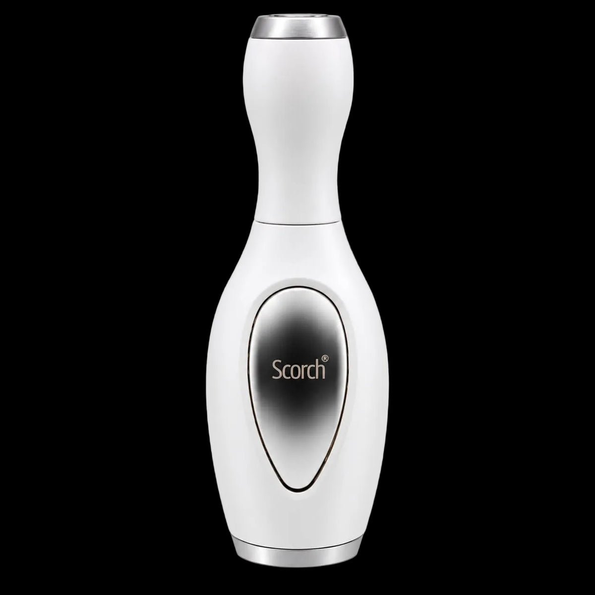 A white handheld beauty device with a silver metallic top and bottom, featuring a central oval panel with the brand name 'Scorch' in gold lettering, set against a plain white background.