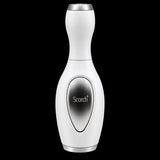 A white handheld beauty device with a silver metallic top and bottom, featuring a central oval panel with the brand name 'Scorch' in gold lettering, set against a plain white background.