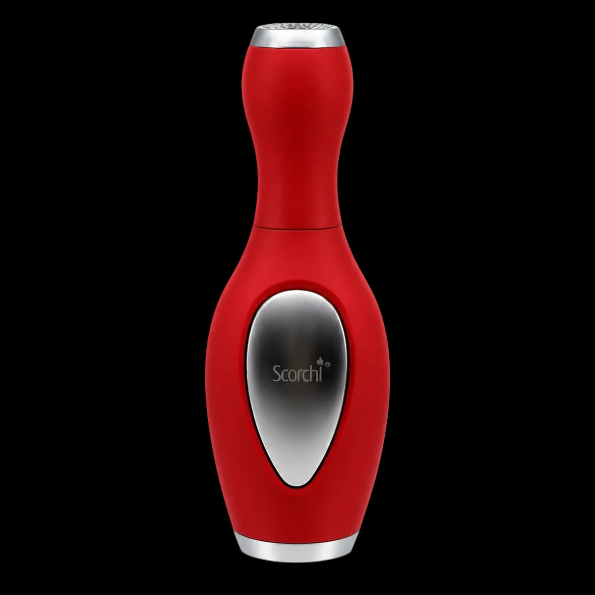 A red handheld facial cleansing brush with a silver metallic oval touch panel in the center and a silver bristle head, shown on a plain white background. The brand name 'Scorch' is visible on the touch panel.