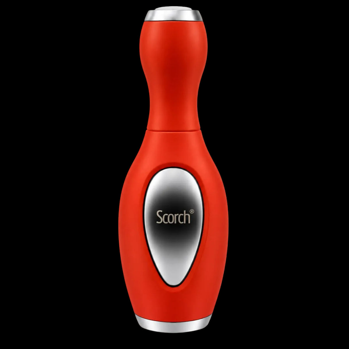 A red handheld beauty device with a silver metallic oval panel in the center displaying the brand name 'Scorch'. The device has a curved ergonomic shape with silver metallic accents at the top and bottom, set against a plain white background.