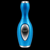 A blue handheld beauty device with a metallic finish, featuring a silver oval panel on the front with the brand name 'Scorch' and a silver top and bottom cap, shown against a plain white background.