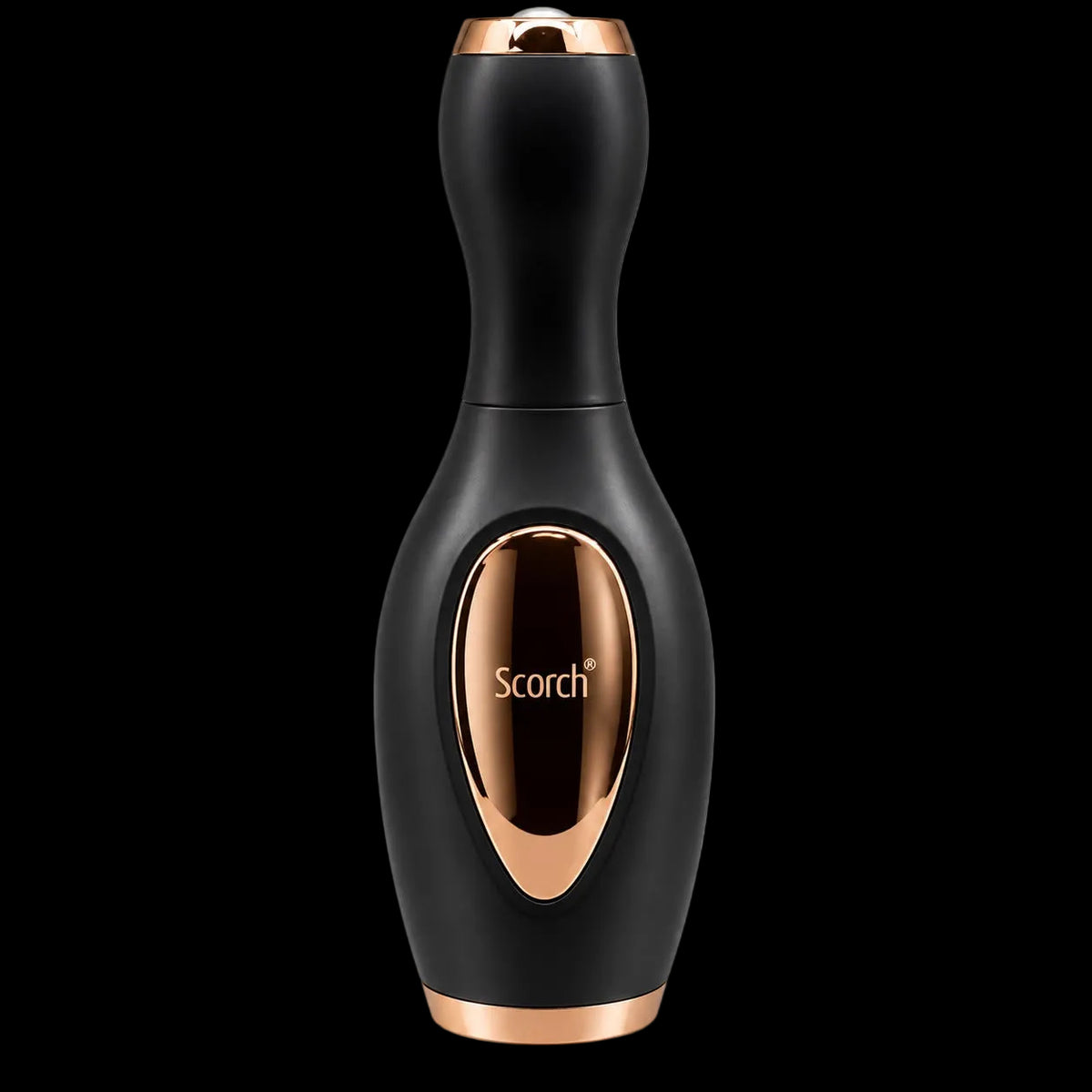 A black handheld beauty device with metallic rose gold accents and the brand name 'Scorch' printed on the front, set against a plain white background.