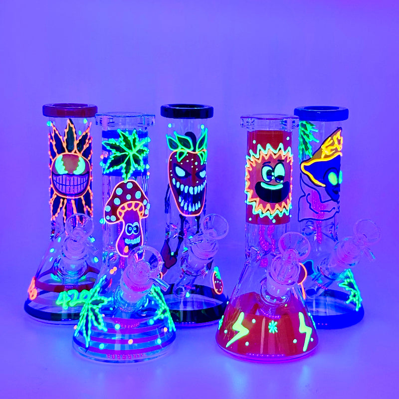 8 Inch Glow In Dark Multi Design Beaker Bong