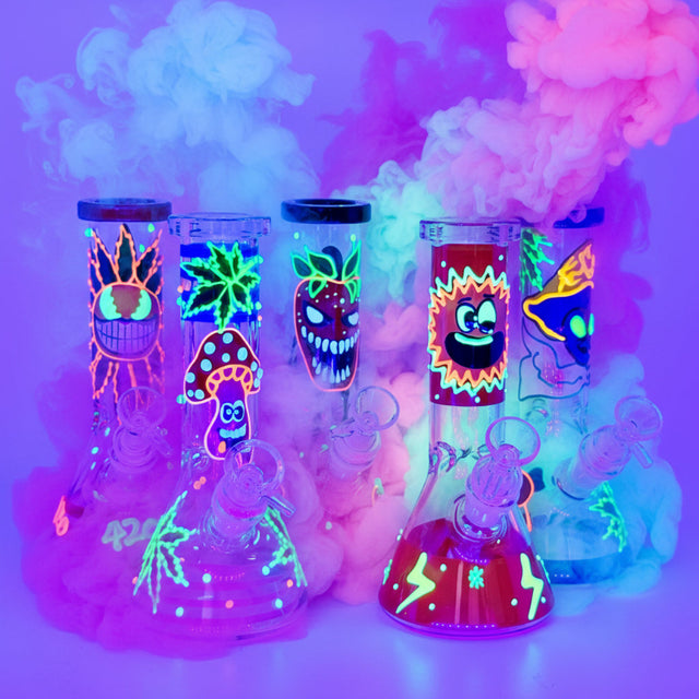 8" Glow In Dark Multi Design Beaker Bong with 3D ART