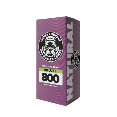 98 Luxe Size Natural Paper Pre-Roll Cones packaging - unbleached paper, bulk pack of 800.