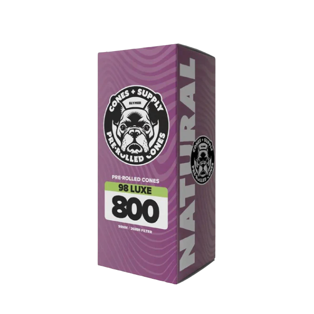 98 Luxe Size Natural Paper Pre-Roll Cones packaging - unbleached paper, bulk pack of 800.