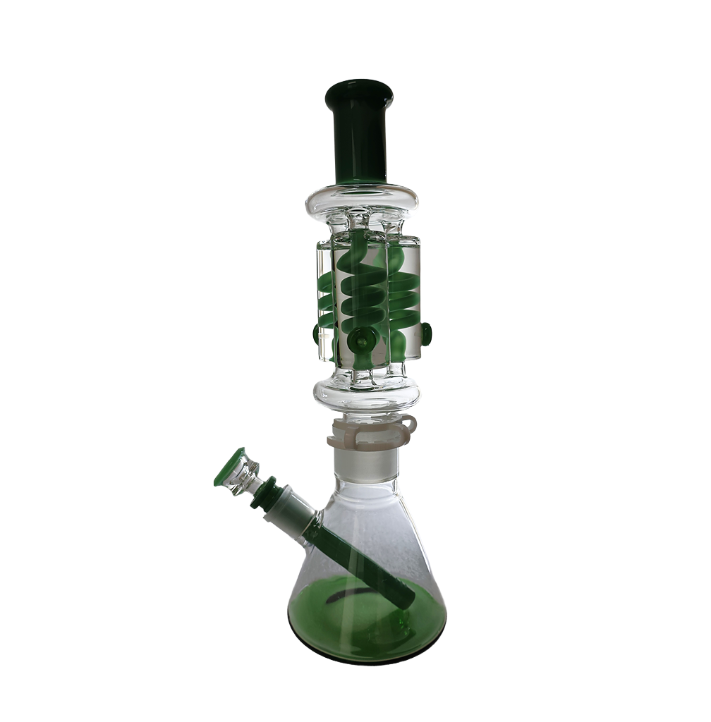 Glycerin bong with triple freezable coils and 14-inch height for enhanced cooling and smoke filtration.