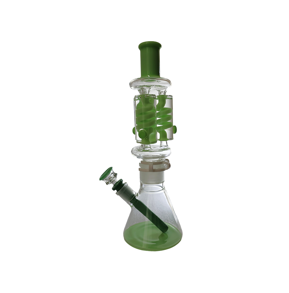 Glycerin bong with triple freezable coils, 14 inches tall, green accents.