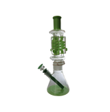 Glycerin bong with triple freezable coils, 14 inches tall, green accents.