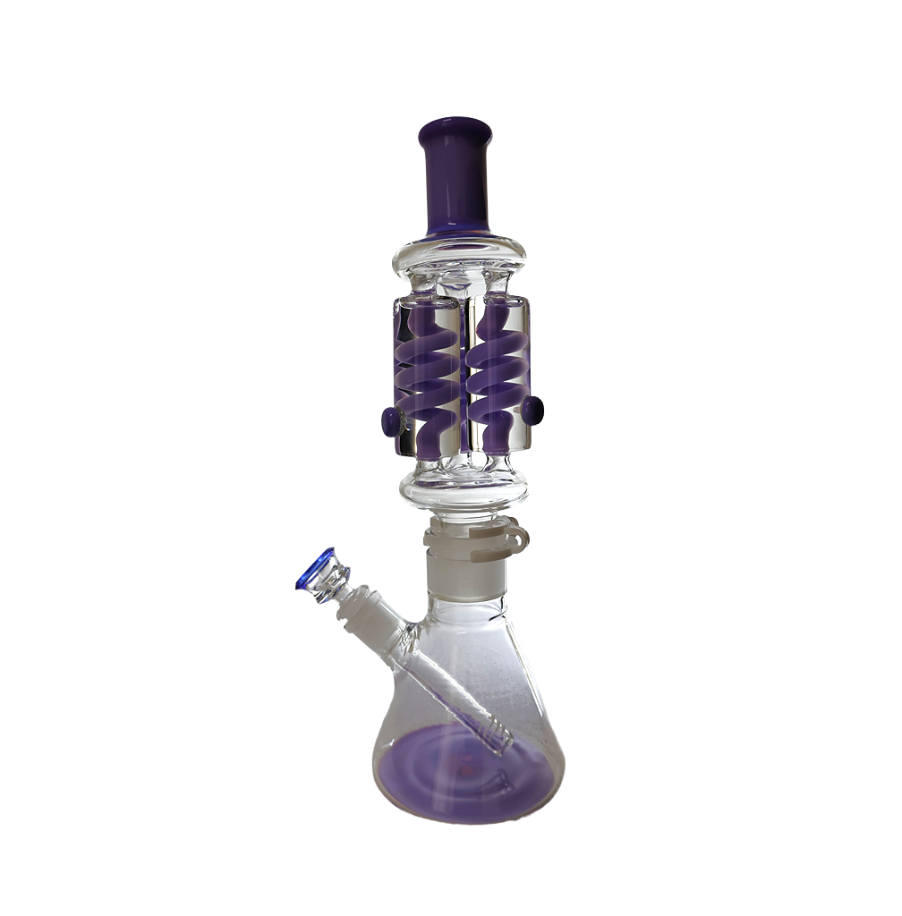 Triple coils freezable 14 inch glycerin bong with purple accents and enhanced filtration.