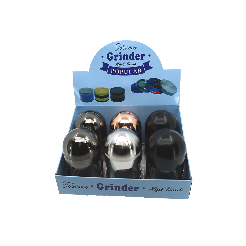 5-part dome top metal grinders with transparent glass display in packaging.