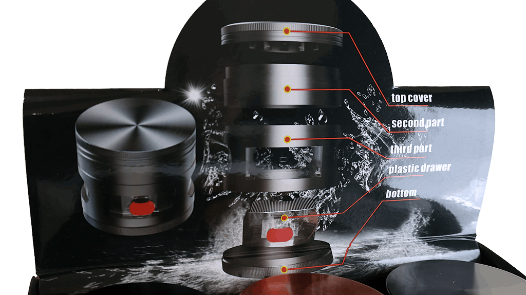 5-part heavy duty grinder with sliding spout dispenser and labeled parts.