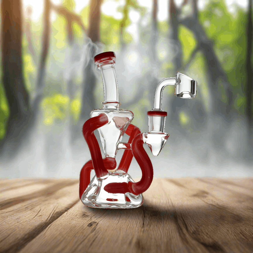 Bent Neck Double Chamber Recycler Water Pipe Bong 8" with red accents on a wooden surface, featuring a bent neck and ergonomic design.