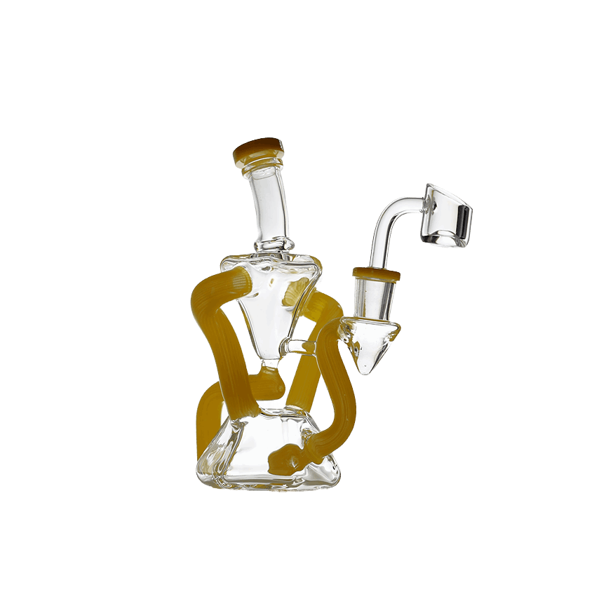 Bent Neck Double Chamber Recycler Water Pipe Bong 8" made of durable borosilicate glass.