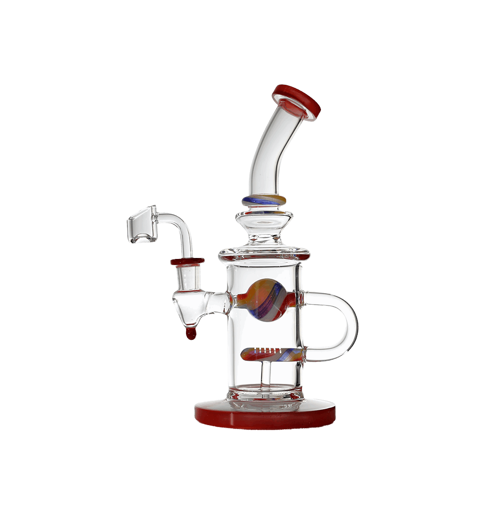 Bent neck thick crystal glass recycle dab rig, 9 inches, with a recycler design and clear crystal finish.