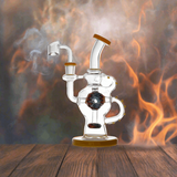 Hollow Base Cylinder Recycler Glass Water Pipe Dab Rig with quartz banger on wooden surface, flame background.