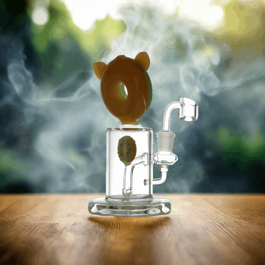 Double Donut Shape Thick Glass Dab Rig with smoke in a natural setting