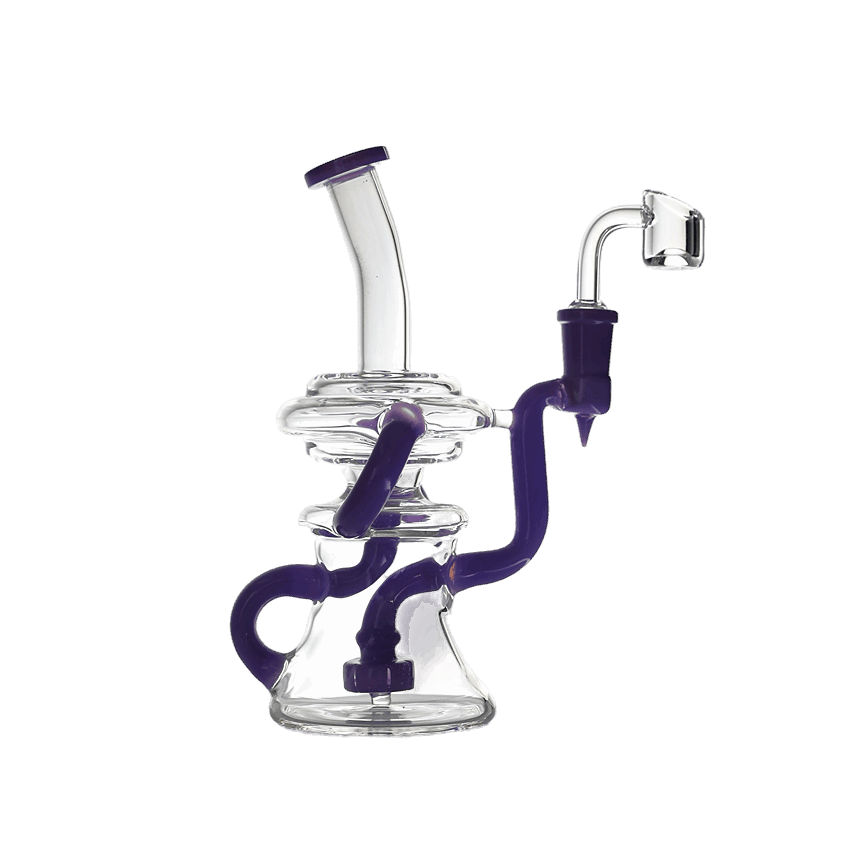 Bent Neck Triple Arm Recycler Bong with colored accents and stable base, made of premium borosilicate glass.