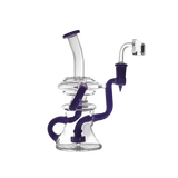 Bent Neck Triple Arm Recycler Bong with colored accents and stable base, made of premium borosilicate glass.