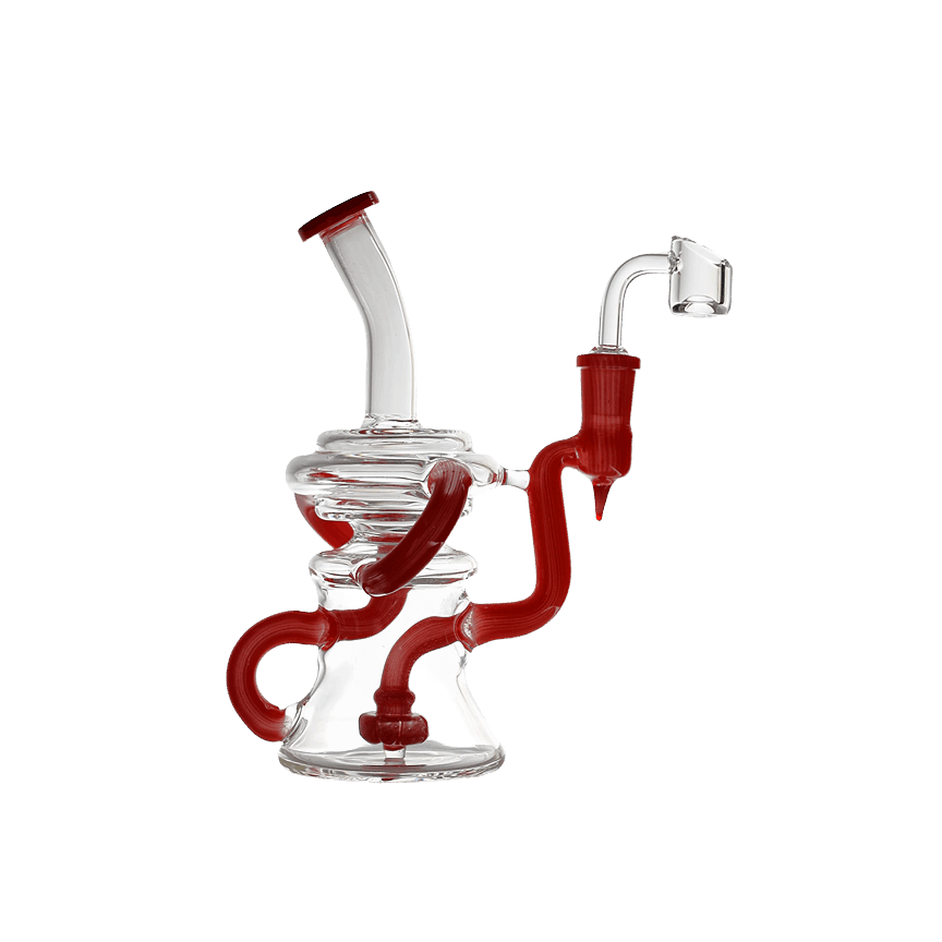 Bent Neck Triple Arm Recycler Bong with colored accents and stable base.