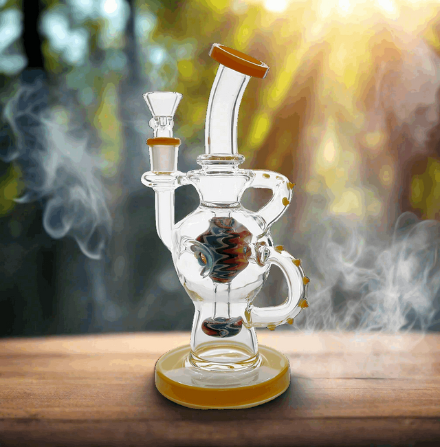 Hollow Base Cylinder Recycler Glass Water Pipe Dab Rig with scenic background.