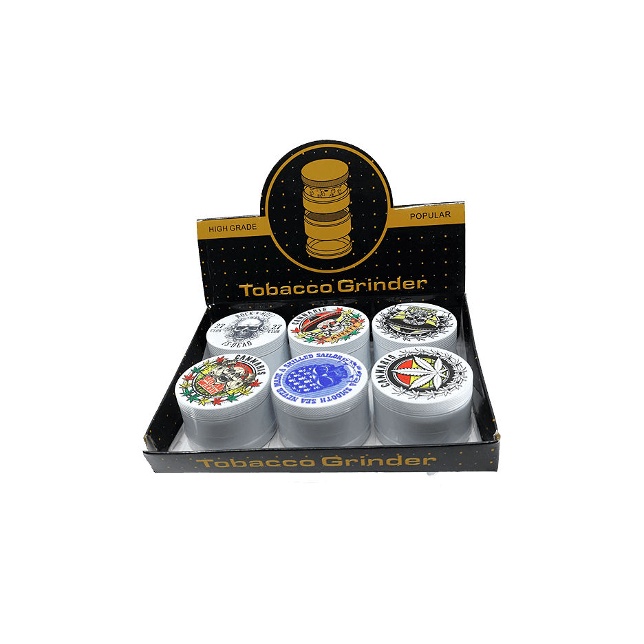 4 part heavy metal white cannabis grinder with colorful designs in display box