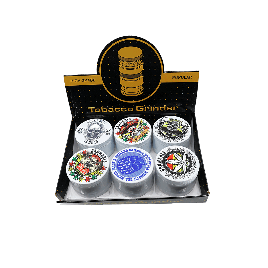 4 part heavy metal white cannabis grinder on display with various designs in packaging.