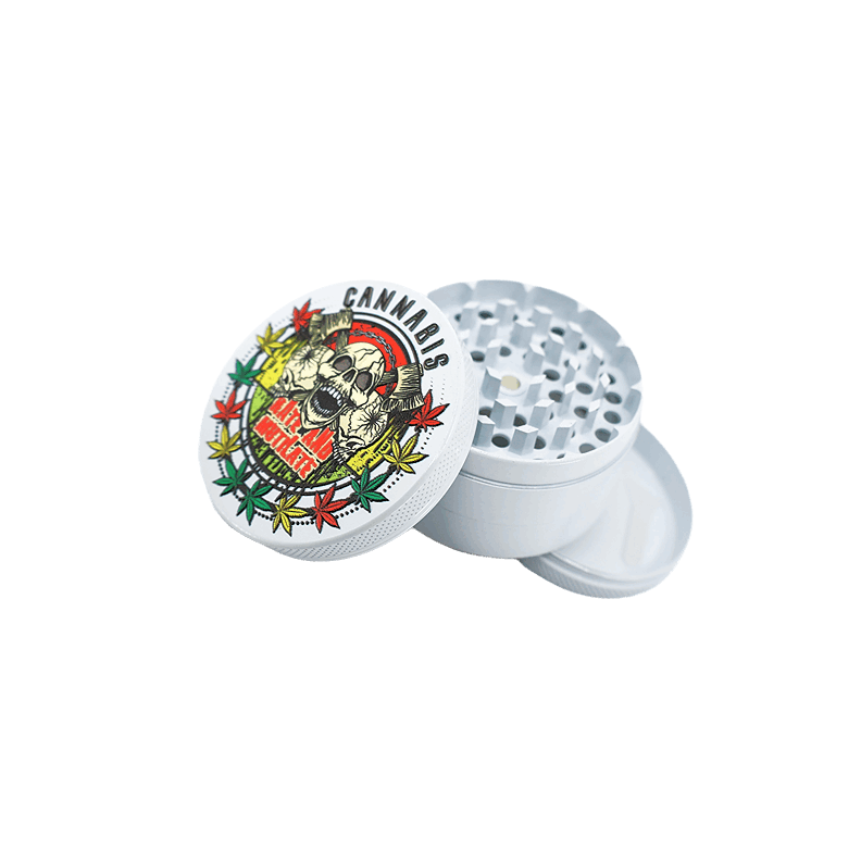 4 Part Heavy Metal White Cannabis Grinder with decorative lid, designed for efficient cannabis grinding.