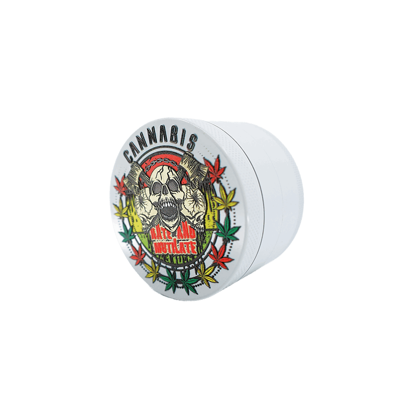 4 Part Heavy Metal White Cannabis Grinder with skull design and cannabis leaf pattern.