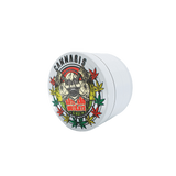 4 Part Heavy Metal White Cannabis Grinder with skull design and cannabis leaf pattern.