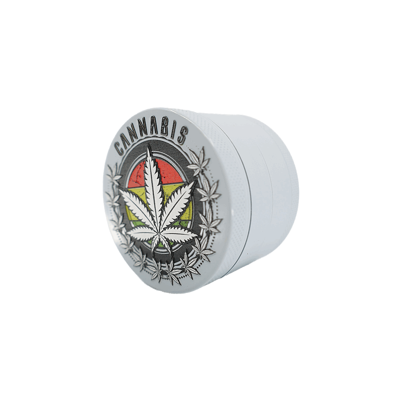 4 Part Heavy Metal White Cannabis Grinder with colorful cannabis leaf design.