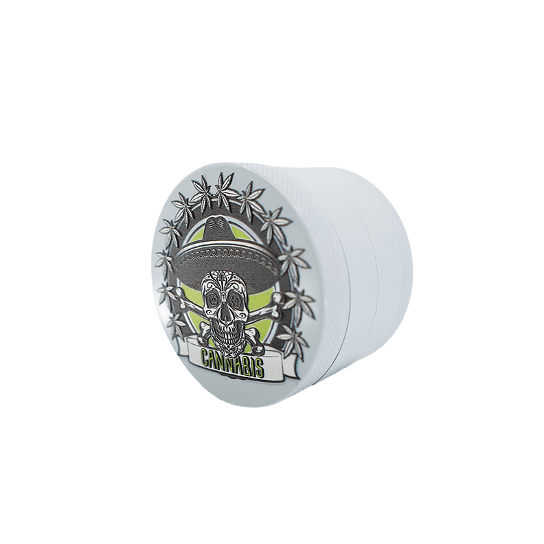 4 part heavy metal white cannabis grinder with a decorative lid design.