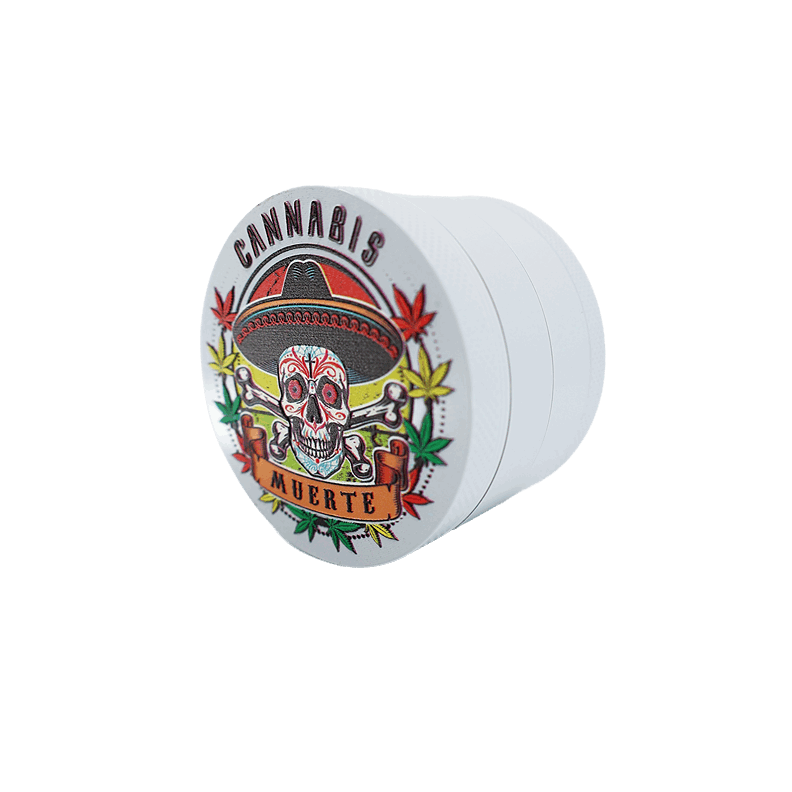 4 Part Heavy Metal White Cannabis Grinder with colorful skull-themed design.