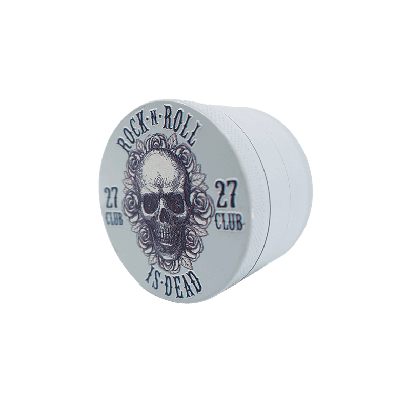 4 Part Heavy Metal White Cannabis Grinder with skull and text design, durable metal construction.