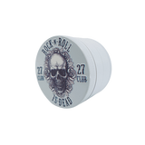 4 Part Heavy Metal White Cannabis Grinder with skull and text design, durable metal construction.