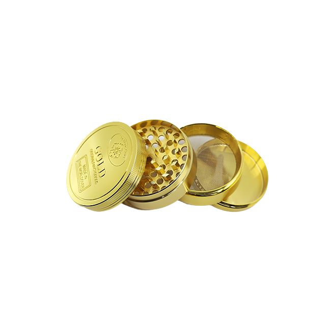 4 Part Gold Metal Color Grinder with magnetic lid and fine mesh screen.