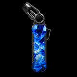 A modern electronic vape device with a black metallic body and a vibrant blue digital graphic depicting a futuristic glowing core, shown on a solid white background.