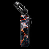 A black folding lighter with a dark gray and orange geometric cracked-glass skin, shown on a solid white background.