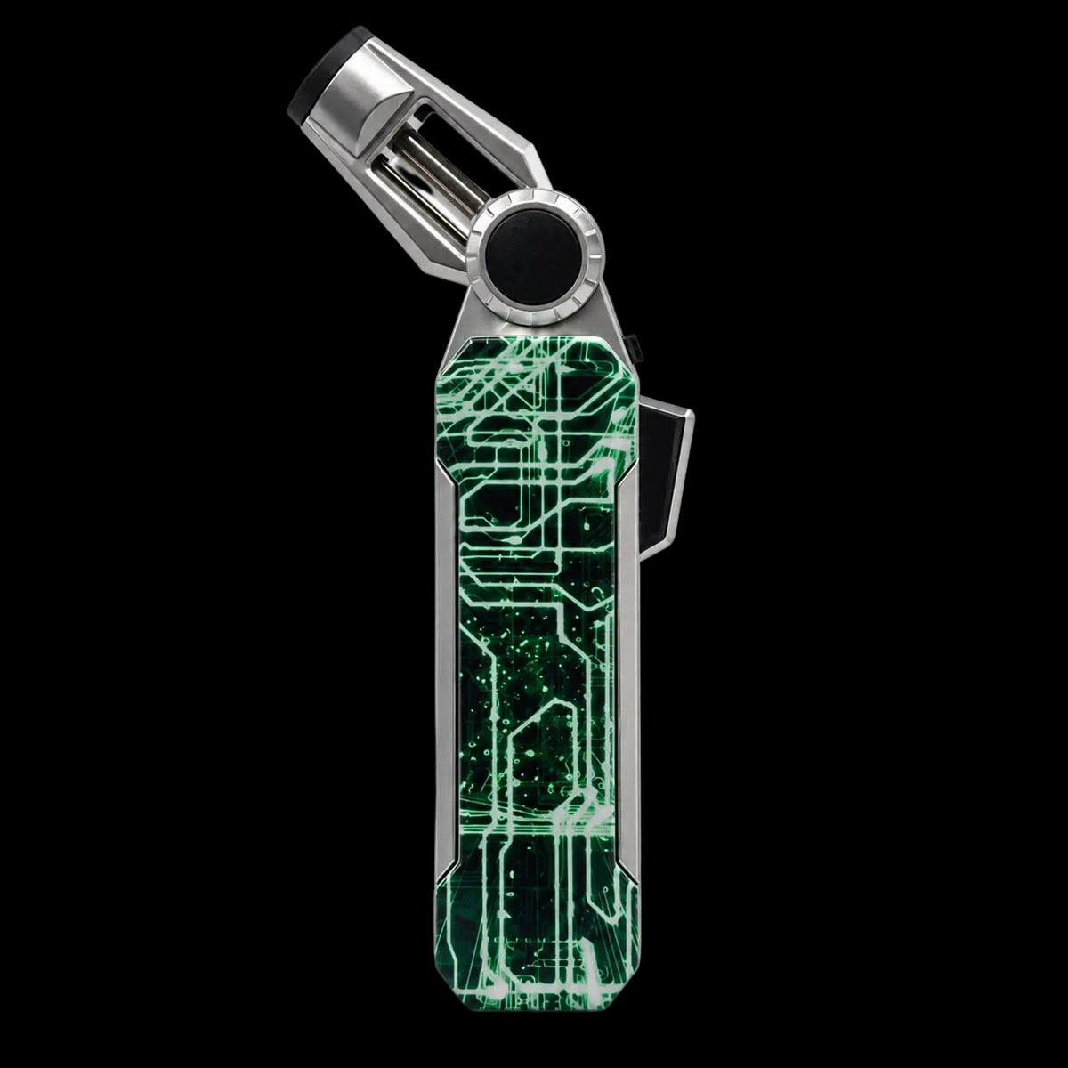 A silver and black jet flame torch lighter with a green circuit board pattern skin on the body, shown against a plain white background.