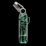 A silver and black jet flame torch lighter with a green circuit board pattern skin on the body, shown against a plain white background.