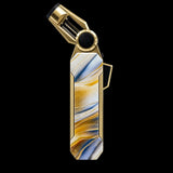 A luxury torch lighter with a polished gold-tone metal body and a marbled inlay featuring gold, blue, and white swirls, shown on a solid white background.