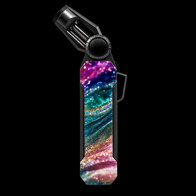 A black pocket lighter with a vibrant, multicolored galaxy glitter skin on the body, shown against a plain white background.