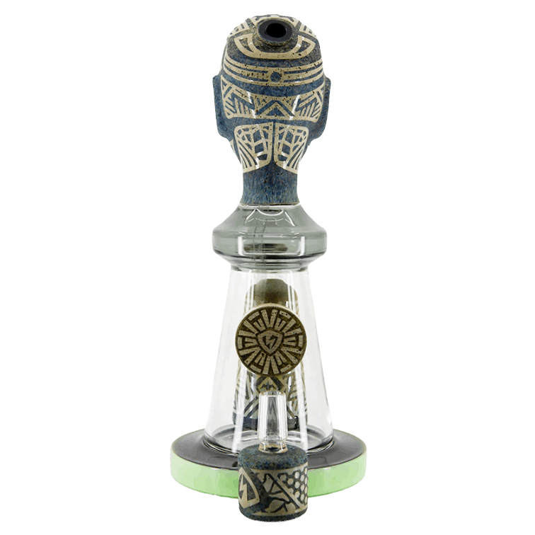 Ancient Head Egypt style glass water pipe with intricate engravings, 12-inch borosilicate glass, triple-chamber design for enhanced filtration.