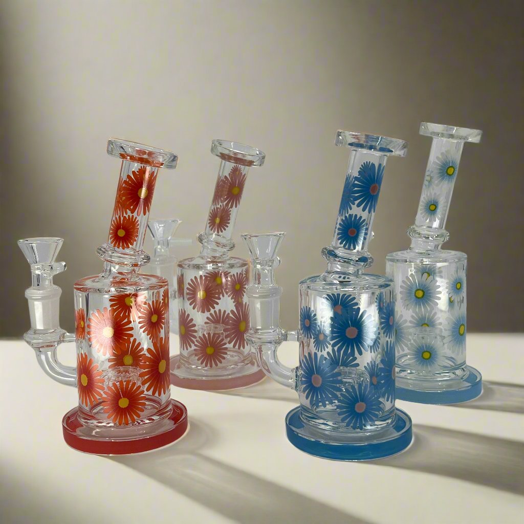 Flowers design Dab rig with floral patterns on glass, offering a unique smoking experience.