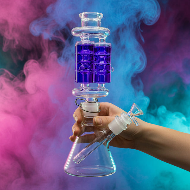 Glass water pipe with purple liquid on a white background