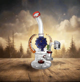 Bent neck double horn bong with showerhead perc, 7.5 inches, high-quality borosilicate glass.