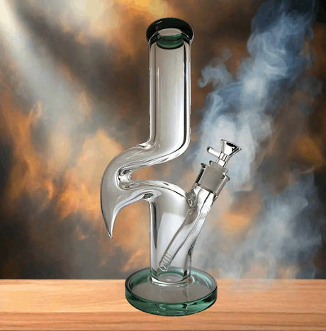 Zong Style Glass Water Pipe Bong 14" on wooden surface with smoky background.