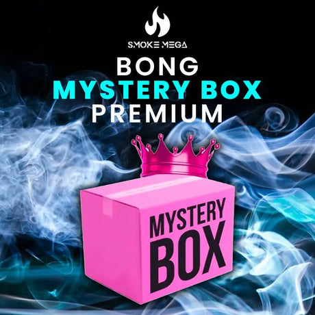 Bong Mystery Box Premium Edition with smoke background and pink mystery box adorned with a crown.