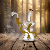 Bent Neck Triple Arm Recycler Bong on wooden surface with forest background.